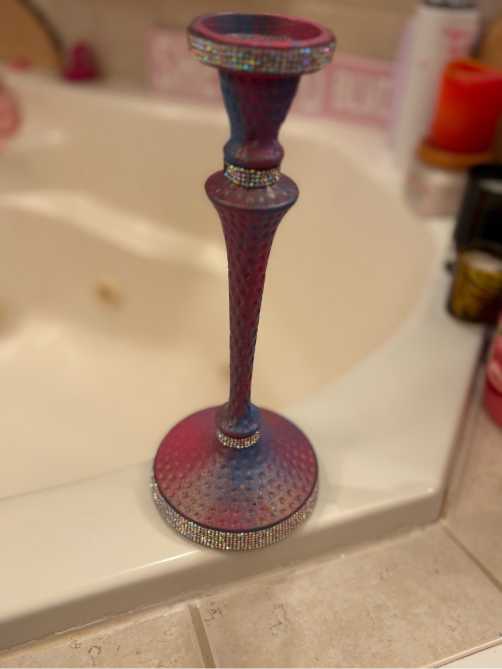 Decorative Pink and Blue Ombre Candle Holder with Rhinestone Accents-hand made!